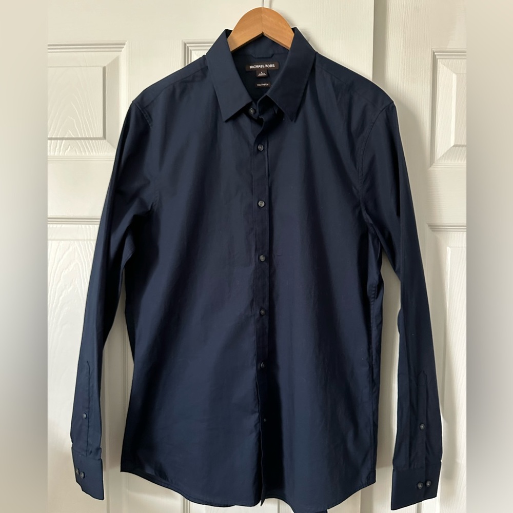 Michael Kors, trim fit, stretch, navy blue, size Large